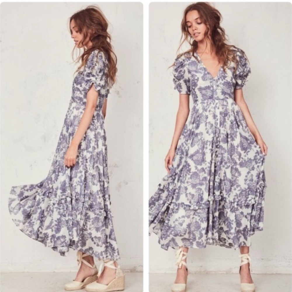 LOVESHACKFANCY Andie Floral Print Cotton Voile Midi Dress Blue Sz S